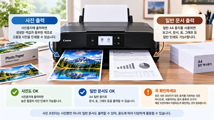사진 전용 프린터에서 사진용지와 일반 A4 복사용지를 사용해 사진과 문서를 각각 출력하는 모습을 설명한 이미지