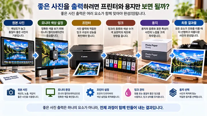 좋은 사진 출력을 위한 원본 사진, 모니터 색상 설정, 프린터, 잉크, 사진용지의 관계를 설명한 이미지
