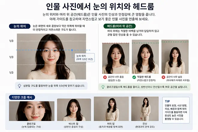 인물 사진에서 눈의 위치와 머리 위 여백인 헤드룸을 활용한 자연스러운 사진 구도 설명 이미지