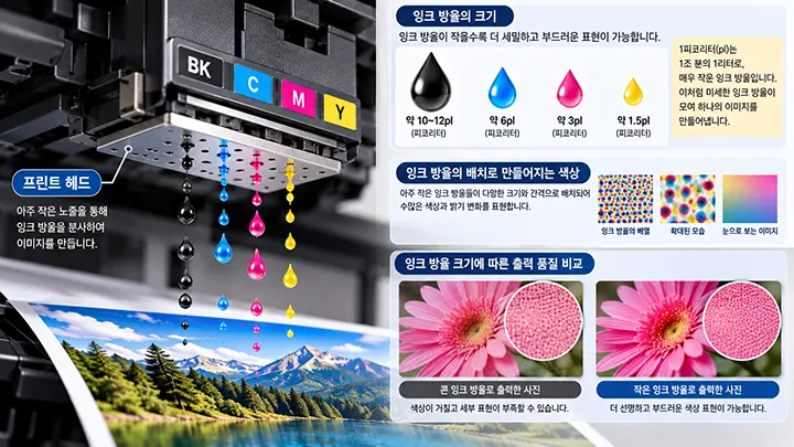 잉크젯 프린터의 프린트 헤드에서 분사되는 미세한 잉크 방울의 크기와 사진 출력 품질의 관계를 설명한 이미지