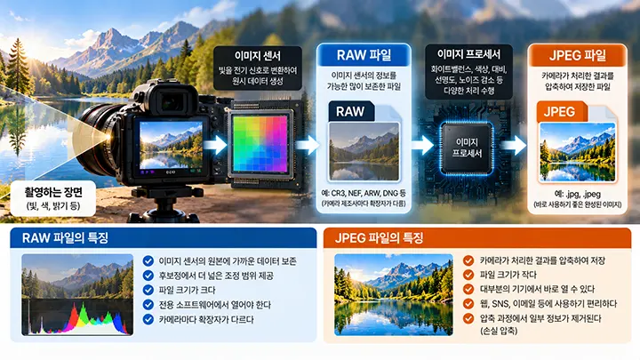카메라 이미지 센서에서 RAW 파일과 JPEG 파일이 만들어지는 과정과 두 파일 형식의 특징을 비교한 이미지