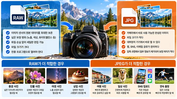 RAW와 JPEG의 장단점과 풍경, 인물, 야경, 일상, 여행, SNS 등 촬영 목적별 추천 파일 형식을 비교한 이미지