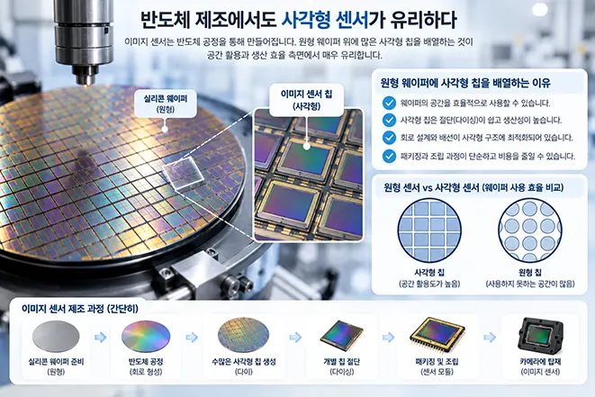 원형 실리콘 웨이퍼에 사각형 이미지 센서 칩을 배열하고 제조하는 반도체 공정을 설명하는 이미지