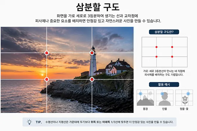 등대와 바다 풍경을 활용해 삼분할 구도의 격자선과 피사체 배치 방법을 설명하는 이미지