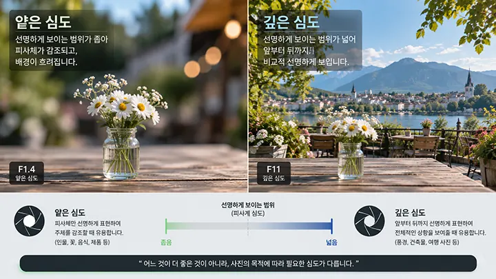 F1.4의 얕은 심도와 F11의 깊은 심도를 꽃과 배경의 선명도 차이로 비교한 이미지