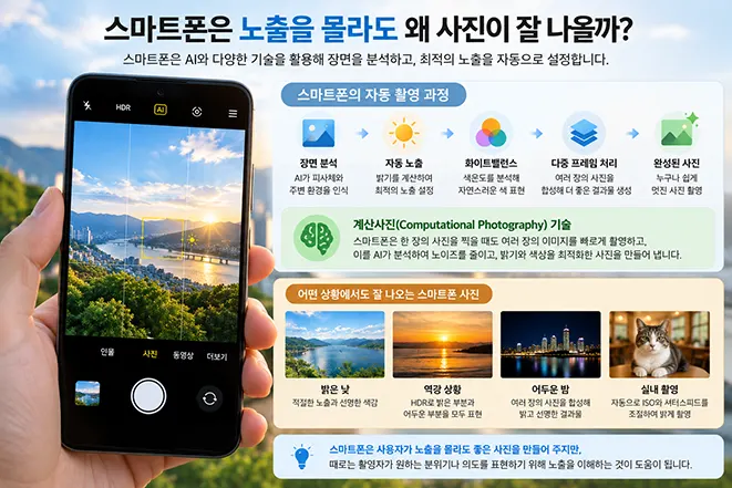 스마트폰이 장면 분석과 자동 노출, 화이트밸런스, 다중 프레임 처리로 사진을 자동 보정하는 과정을 설명하는 이미지