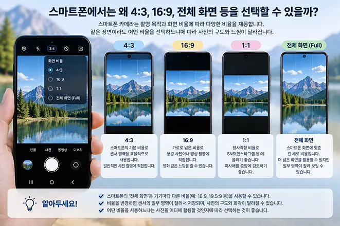 스마트폰 카메라에서 4대3, 16대9, 1대1, 전체 화면 비율을 선택했을 때 사진 영역의 차이를 비교한 이미지
