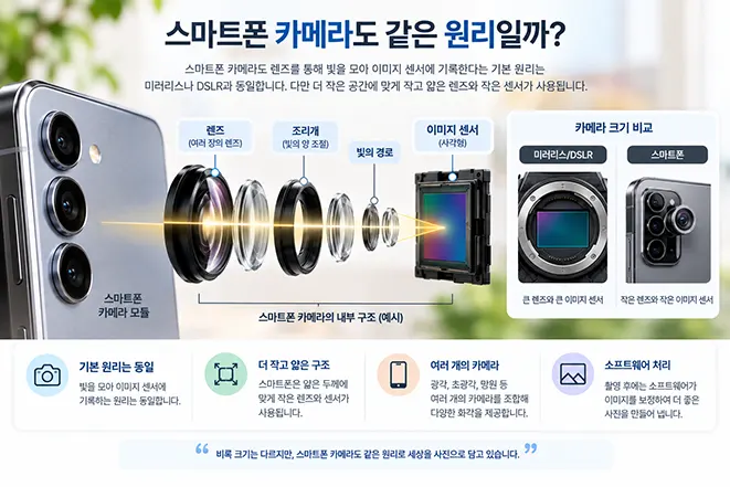 스마트폰 카메라의 원형 렌즈를 통과한 빛이 사각형 이미지 센서에 도달하는 구조와 촬영 원리를 설명하는 이미지