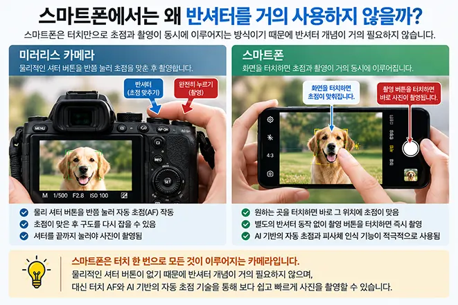 미러리스 카메라의 반셔터 방식과 스마트폰의 터치 초점 및 촬영 방식을 비교한 이미지