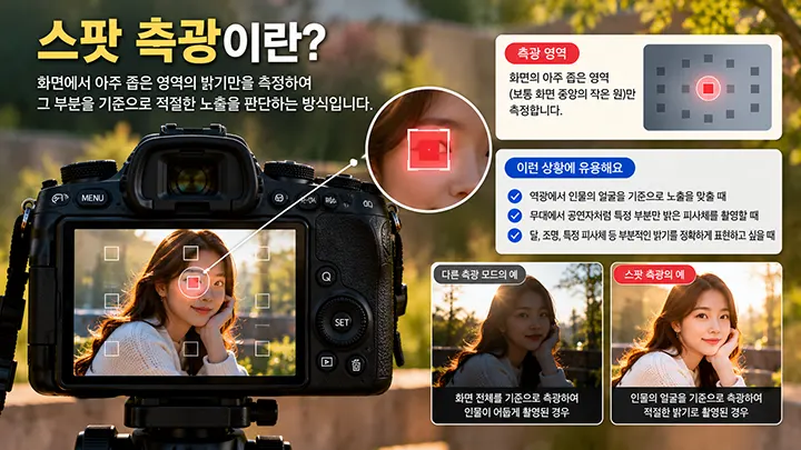 카메라가 인물 얼굴의 매우 좁은 영역을 기준으로 밝기를 측정하여 노출을 판단하는 스팟 측광 방식