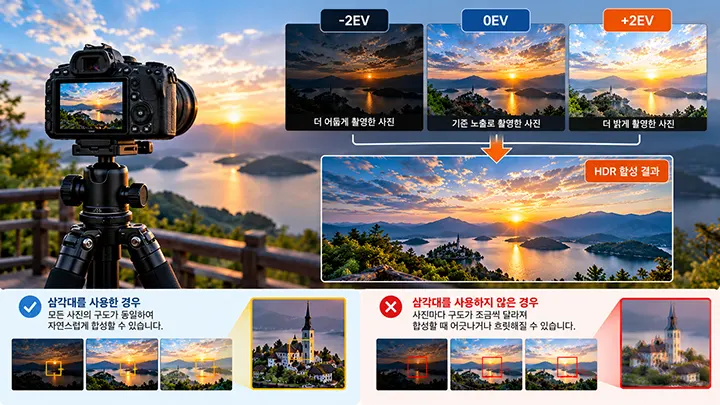 삼각대를 사용한 노출 브라케팅과 삼각대 없이 촬영한 경우의 HDR 합성 결과를 비교한 이미지