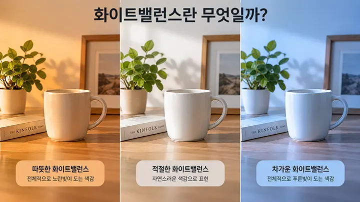같은 흰색 컵을 따뜻한 화이트밸런스, 적절한 화이트밸런스, 차가운 화이트밸런스로 비교한 이미지