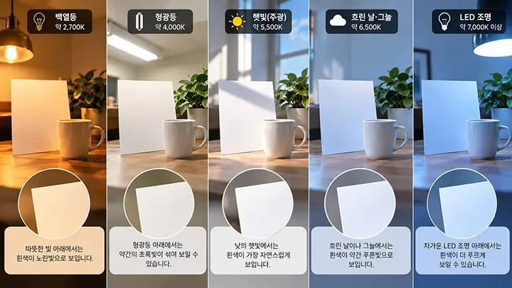 백열등, 형광등, 햇빛, 흐린 날과 그늘, LED 조명에서 흰색 물체가 서로 다른 색으로 보이는 모습