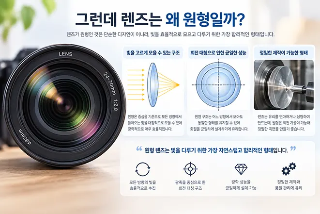 카메라 렌즈가 원형인 이유를 빛의 수집, 회전 대칭 구조와 렌즈 제조 방식으로 설명하는 이미지