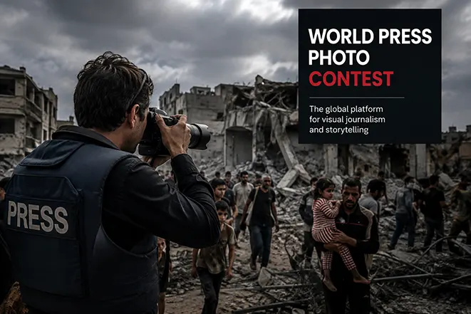 전쟁 피해 지역에서 카메라로 현장을 기록하는 보도사진 기자와 World Press Photo Contest를 표현한 이미지