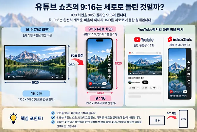 유튜브 일반 영상의 16대9 화면과 쇼츠의 9대16 세로 화면을 비교하고 90도 회전 관계를 설명한 이미지