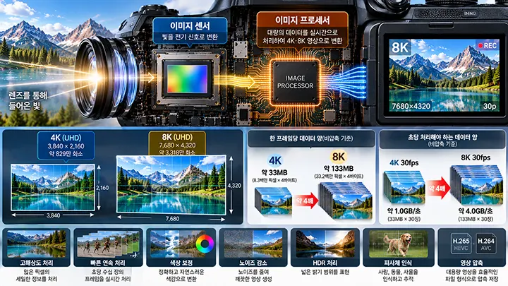 4K와 8K 동영상 촬영 시 이미지 프로세서의 데이터 처리량을 비교한 이미지로, 해상도와 화소 수의 차이, 초당 영상 데이터 처리량, 색상 보정, 노이즈 감소, HDR 및 영상 압축 과정을 보여주는 설명 자료