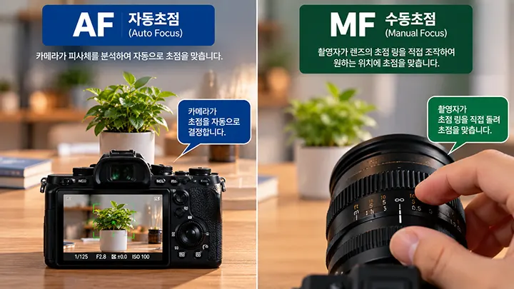 자동초점 AF는 카메라가 피사체에 자동으로 초점을 맞추고 수동초점 MF는 촬영자가 렌즈의 초점 링을 직접 조절하는 차이 비교