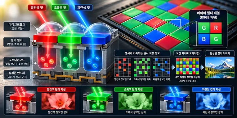 카메라 이미지 센서의 베이어 필터 구조와 RGB 색상 감지 원리를 설명하는 이미지로, 빨강·초록·파랑 컬러 필터 배열과 디모자이킹을 통해 컬러 사진이 완성되는 과정