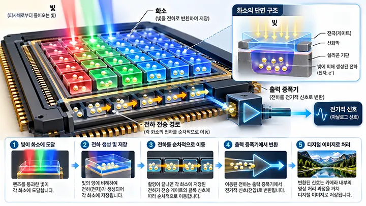 CCD 이미지 센서의 작동 원리를 설명하는 그림으로, 빛이 화소에 도달하여 전하가 생성되고, 저장된 전하가 순차적으로 이동해 출력 증폭기에서 전기적 신호로 변환된 후 디지털 이미지로 처리되는 과정을 보여주는 이미지