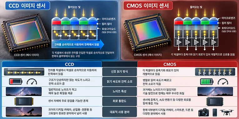 CCD와 CMOS 이미지 센서의 구조와 작동 원리를 비교한 인포그래픽으로, 전하 전달 방식, 신호 읽기 속도, 전력 소비, 노이즈 특성, 회로 통합도 및 주요 활용 분야의 차이를 설명하는 이미지