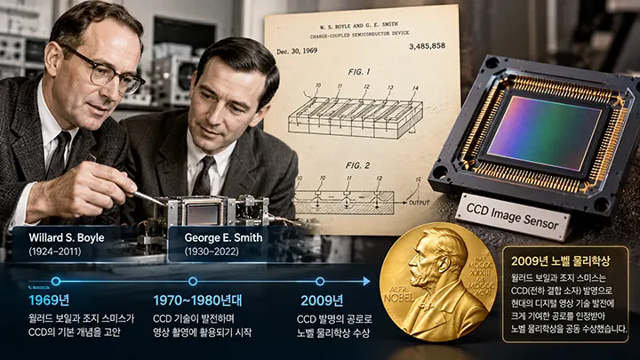 CCD 이미지 센서의 발명 역사와 2009년 노벨 물리학상을 설명하는 이미지로, 1969년 벨 연구소에서 CCD를 발명한 윌러드 보일과 조지 스미스, 초기 CCD 기술 도면, 이미지 센서 및 노벨상 메달을 보여주는 그림