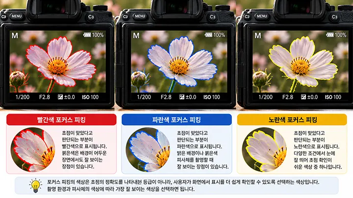 동일한 꽃에 빨간색 파란색 노란색 포커스 피킹 표시를 적용해 색상 차이를 비교한 카메라 화면