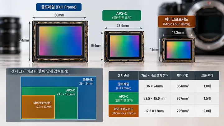 풀프레임, APS-C, 마이크로포서드 카메라 이미지 센서의 크기를 비교한 인포그래픽으로, 각 센서의 가로·세로 길이와 면적, 크롭 팩터 및 실제 크기 비율을 보여준다.