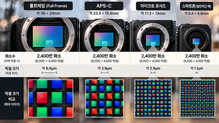풀프레임, APS-C, 마이크로 포서드, 스마트폰 이미지 센서의 크기를 비교하고, 동일한 2,400만 화소에서 센서 크기에 따라 픽셀 크기가 어떻게 달라지는지 설명하는 이미지
