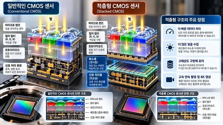 일반 CMOS 센서와 적층형 CMOS 센서의 구조를 비교한 이미지로, 마이크로 렌즈와 컬러 필터, 포토다이오드, 신호 처리 회로의 배치 차이 및 적층형 센서의 고속 데이터 처리 장점을 설명하는 그림