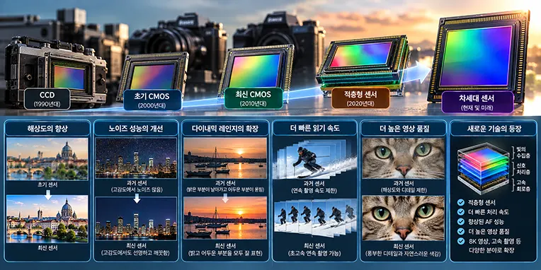 카메라 이미지 센서의 기술 발전 과정을 설명하는 인포그래픽으로, CCD부터 초기 CMOS, 최신 CMOS, 적층형 센서, 차세대 센서까지의 변화와 해상도, 노이즈, 다이내믹 레인지, 읽기 속도 및 화질 개선을 비교한 이미지