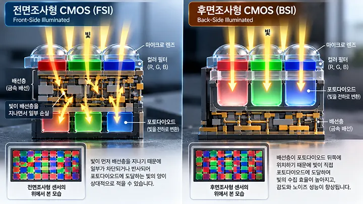 전면조사형 CMOS(FSI)와 후면조사형 CMOS(BSI) 이미지 센서의 구조를 비교한 그림으로, FSI 센서에서는 빛이 배선층을 지나 포토다이오드에 도달하고 BSI 센서에서는 빛이 배선층을 거치지 않고 포토다이오드에 도달하는 차이를 보여주는 이미지