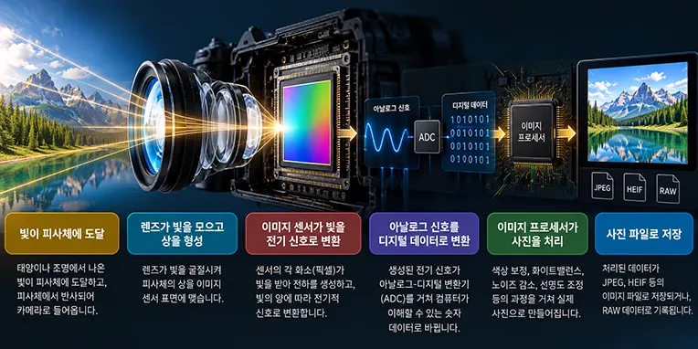 피사체에서 반사된 빛이 카메라 렌즈와 이미지 센서를 통과해 전기 신호와 디지털 데이터로 변환되고, 이미지 프로세서의 처리를 거쳐 사진 파일로 저장되는 6단계 과정