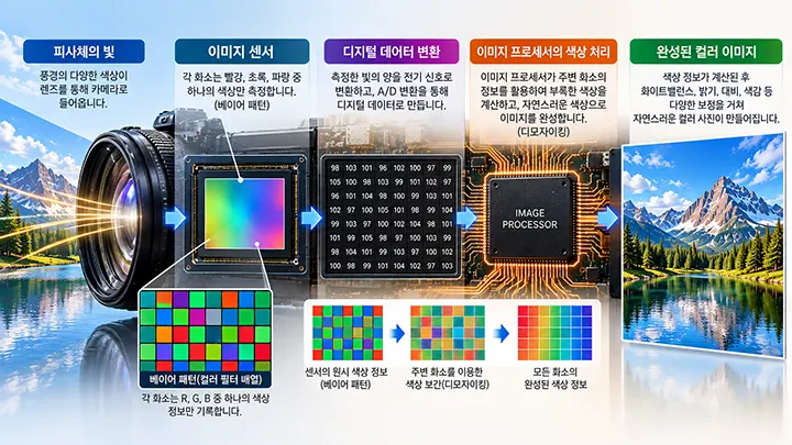 이미지 프로세서가 사진의 색상을 만드는 과정을 설명하는 이미지로, 빛이 이미지 센서에 도달한 후 베이어 패턴의 RGB 색상 정보가 디지털 데이터로 변환되고 디모자이킹을 거쳐 컬러 사진으로 완성되는 원리를 표현한 자료