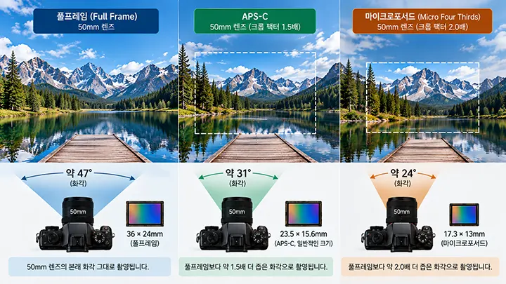 풀프레임, APS-C, 마이크로포서드 카메라에 동일한 50mm 렌즈를 사용했을 때 센서 크기에 따라 달라지는 화각을 비교한 인포그래픽으로, 산과 호수 풍경의 촬영 범위와 센서 규격을 보여준다.