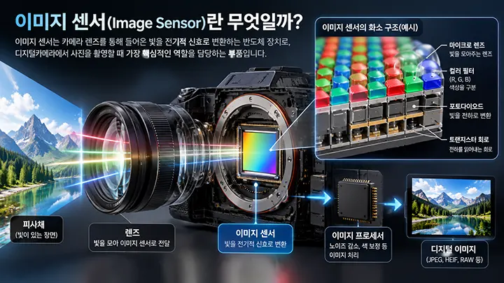 디지털카메라 이미지 센서의 작동 원리를 설명하는 이미지로, 피사체에서 반사된 빛이 카메라 렌즈를 통과해 이미지 센서에 도달하고 전기적 신호로 변환되어 디지털 사진으로 저장되는 과정을 보여주는 그림