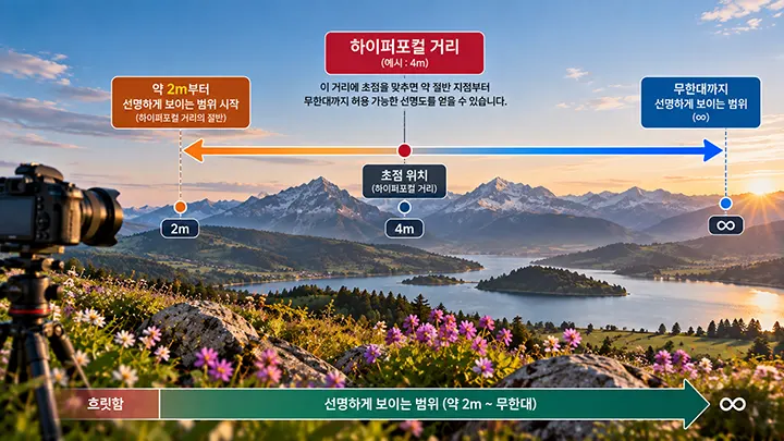 하이퍼포컬 거리가 4m일 때 약 2m부터 무한대까지 선명하게 보이는 범위를 설명한 풍경 사진 이미지