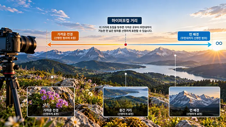 풍경 사진에서 하이퍼포컬 거리에 초점을 맞춰 가까운 전경부터 먼 배경까지 선명하게 표현하는 원리를 설명한 이미지