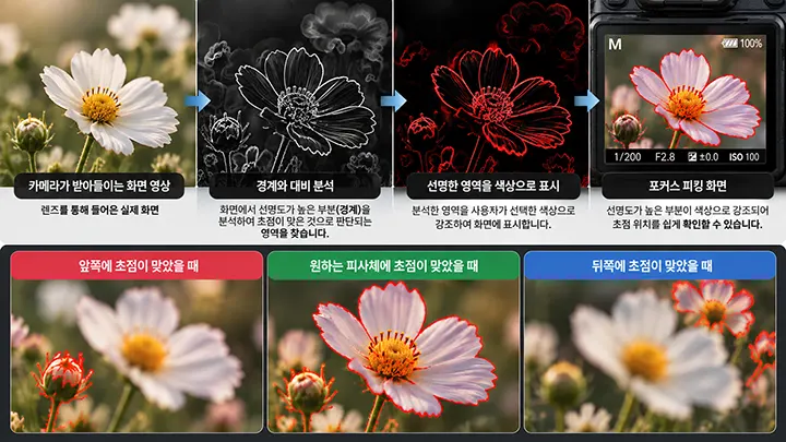 카메라가 피사체의 경계와 대비를 분석해 선명한 영역을 빨간색으로 표시하는 포커스 피킹 원리