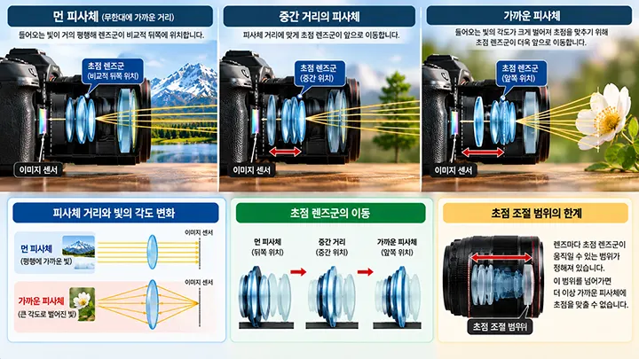 피사체가 가까워질수록 렌즈 내부의 초점 렌즈군이 이동하는 원리를 설명한 이미지