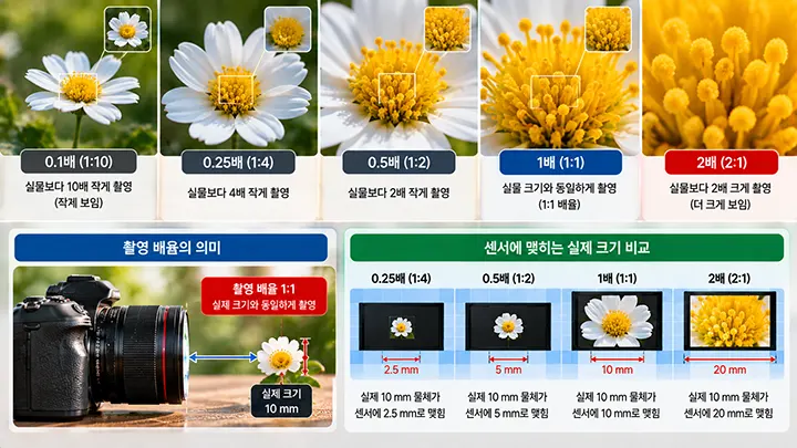 0.1배부터 2배까지 최대 촬영 배율에 따른 피사체 크기와 센서에 맺히는 실제 크기를 비교한 이미지