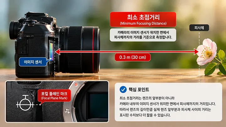 카메라 이미지 센서 위치에서 피사체까지 측정하는 최소 초점거리와 포컬 플레인 마크를 설명한 이미지