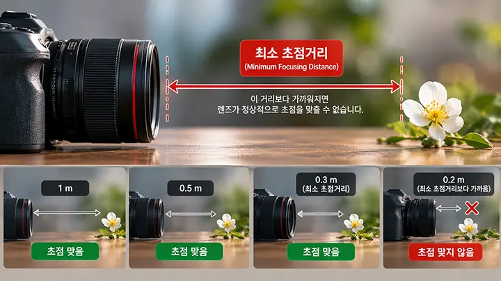 렌즈의 최소 초점거리 0.3m와 거리별 초점 가능 여부를 비교한 이미지
