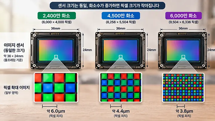 동일한 크기의 풀프레임 이미지 센서에서 2,400만 화소, 4,500만 화소, 6,000만 화소로 화소수가 증가할수록 픽셀 크기가 작아지는 원리를 비교한 이미지