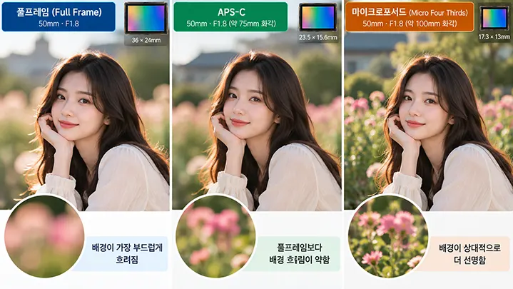 풀프레임, APS-C, 마이크로포서드 카메라의 배경 흐림 효과를 비교한 인포그래픽으로, 동일한 여성 인물 사진을 통해 센서 크기에 따른 피사계 심도와 배경 보케의 차이를 보여준다.