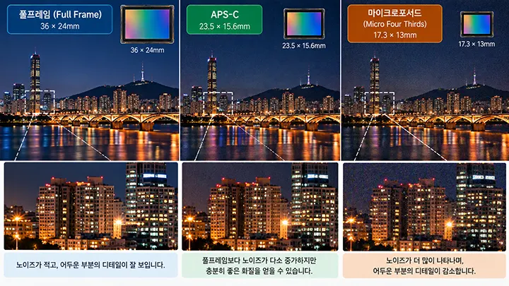 풀프레임, APS-C, 마이크로포서드 카메라 센서의 저조도 촬영 성능을 비교한 인포그래픽으로, 야간 도시 풍경과 건물 확대 사진을 통해 센서 크기에 따른 이미지 노이즈와 어두운 영역의 디테일 차이를 보여준다.