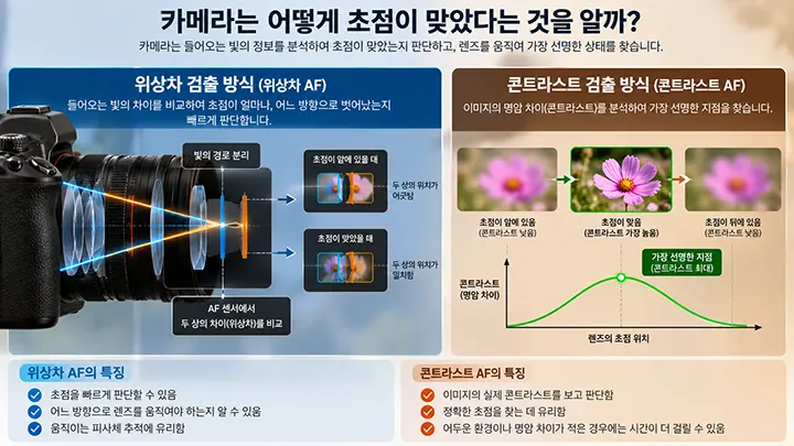 카메라 위상차 AF와 콘트라스트 AF의 초점 검출 원리와 차이를 비교한 이미지