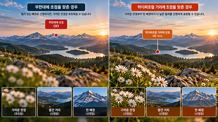 풍경 사진에서 무한대 초점과 하이퍼포컬 거리 초점의 전경 및 배경 선명도 차이를 비교한 이미지
