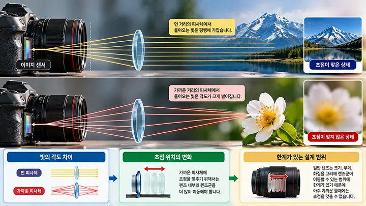 먼 피사체와 가까운 피사체에서 들어오는 빛의 각도와 렌즈 초점 위치 변화를 비교한 이미지