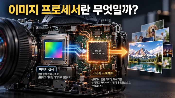 디지털카메라 내부의 이미지 센서와 이미지 프로세서를 보여주는 이미지로, 센서에서 생성된 디지털 데이터가 이미지 프로세서를 거쳐 풍경 사진과 인물 사진 등으로 완성되는 과정을 표현한 설명 자료